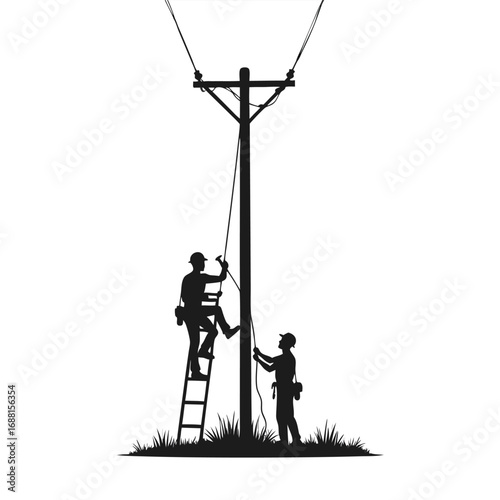 Two linemen working on a power pole with a ladder lineman