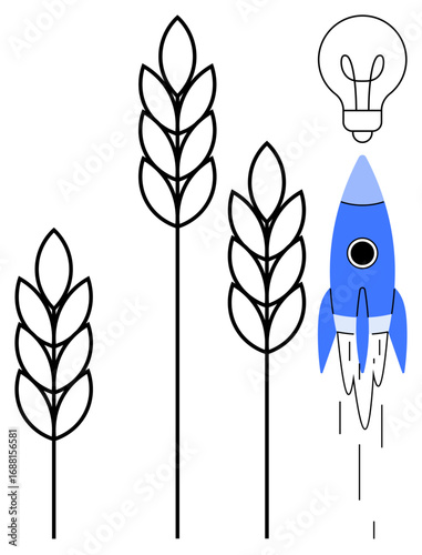 Stylized wheat stalks, a blue rocket launching, and a light bulb to represent agriculture, innovation, and progress. Ideal for technology, ecology, sustainability, innovation startups future