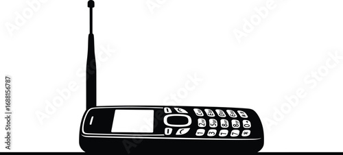 Retro mobile phone vector illustration, black silhouette design, vintage communication device, keypad and antenna sketch, old technology icon, isolated graphic