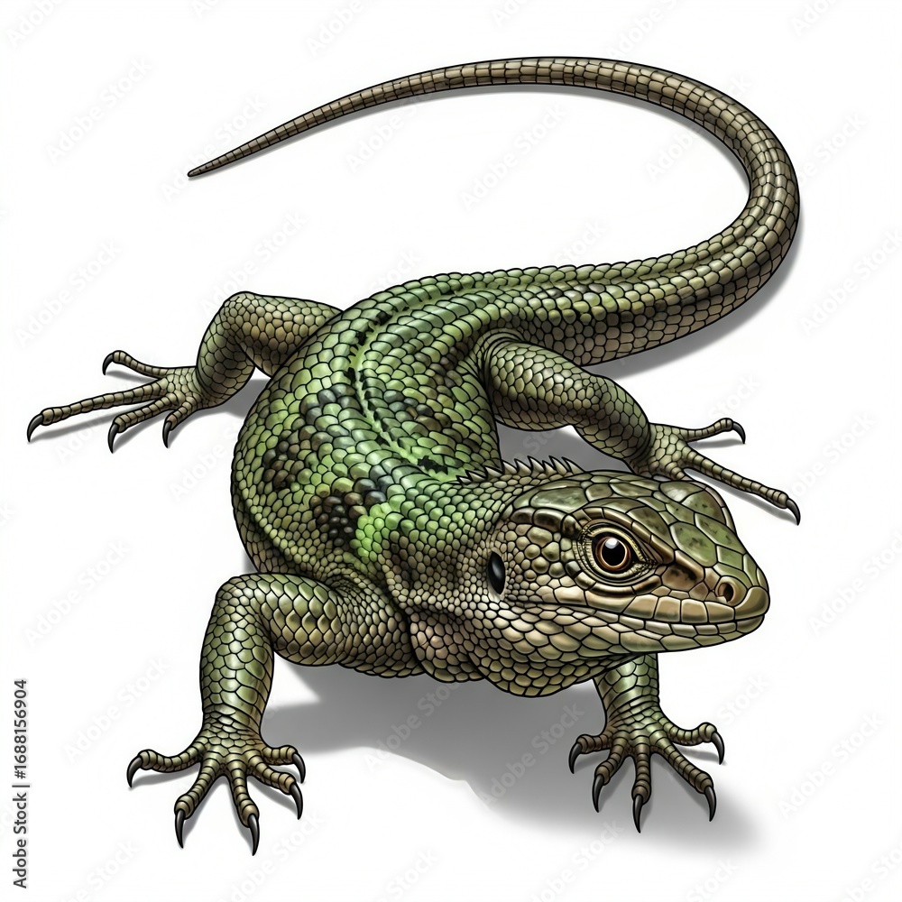 Naklejka premium A detailed illustration of a green lizard with yellow markings, isolated on a white background