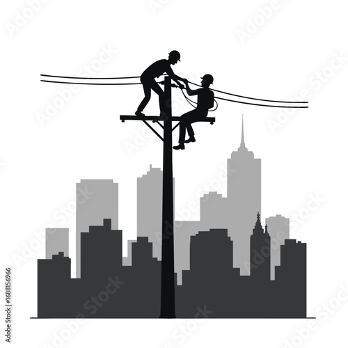 Two linemen working on power lines against city skyline silhouette