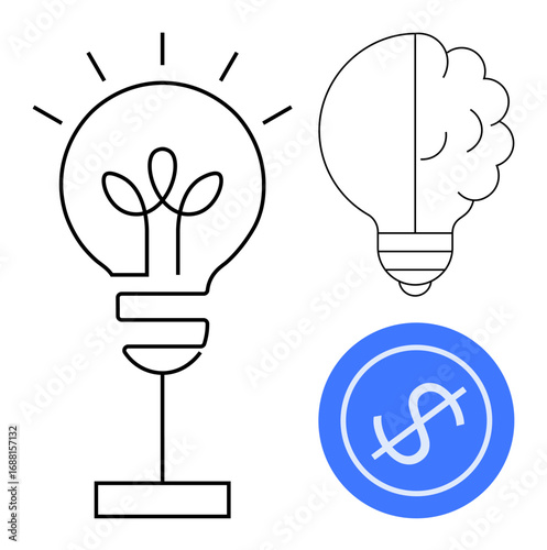 Light bulb with plant sprout inside, half-light bulb as brain, and blue dollar sign highlight innovation, growth, financial success. Ideal for creativity, innovation, business, finance growth