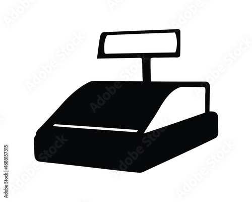 A black and white illustration of a cash register machine icon
