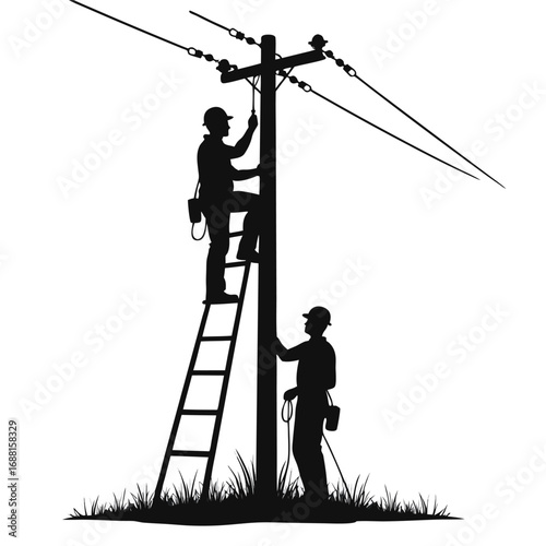 Two linemen working on utility pole with ladder lineman