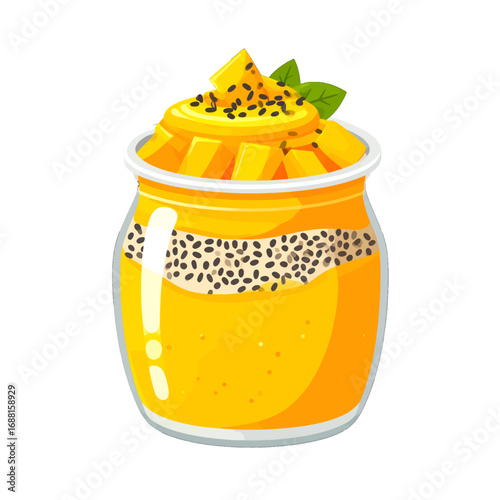 Pixelated Mango Pudding Jar with Chia Seeds and Mint Garnish on White Background
