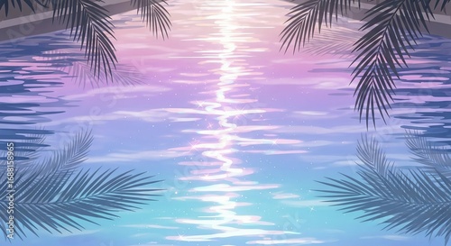 Palm fronds frame a tranquil swimming pool reflecting a vibrant sunset with pastel pink, purple, and blue hues