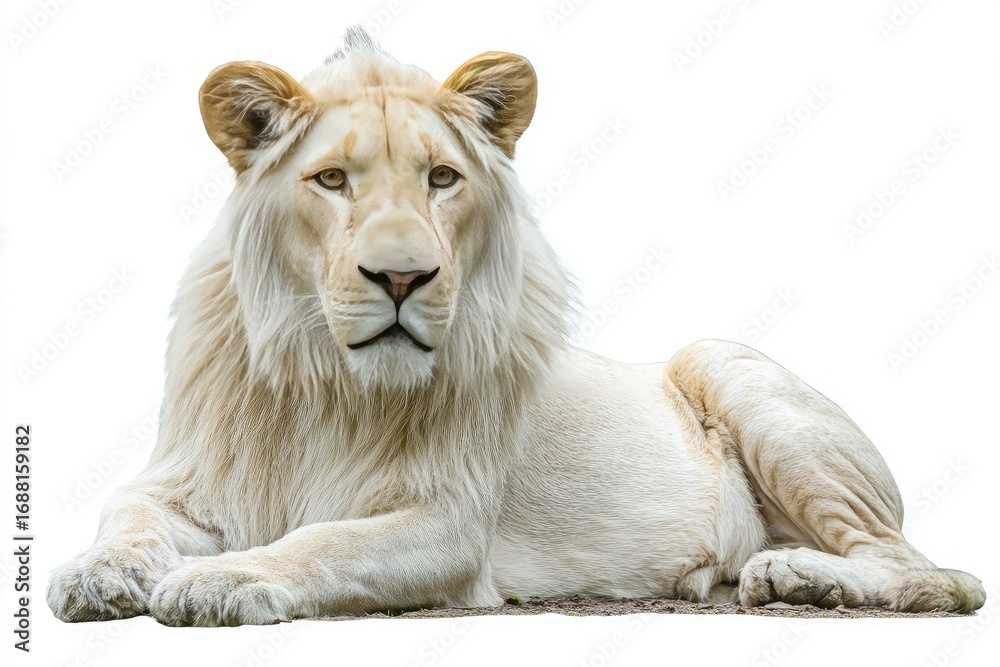 Obraz premium White lion, lying down, facing forward