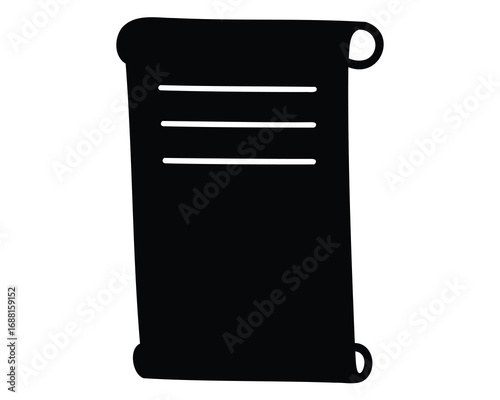 A stylized black and white scroll with three lines for text