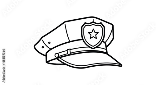 Line art drawing of a police officers cap with a star badge.