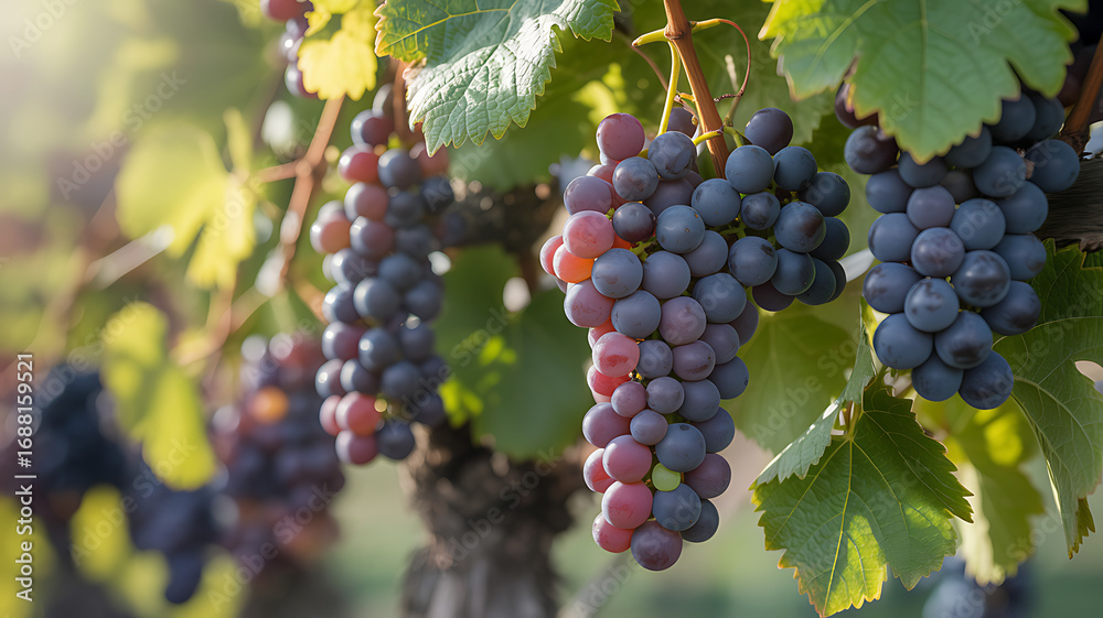 Fototapeta premium A decorated ceramic basket holds a vibrant mix of grapes on a wooden surface outdoors.