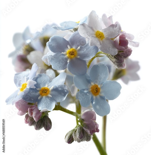 Close-up of delicate forget-me-nots in light blue and white, with water droplets
