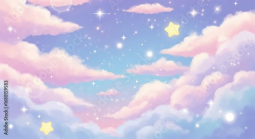 Dreamy pastel sky with soft clouds, twinkling stars, and cute star shapes, creating a magical and serene atmosphere