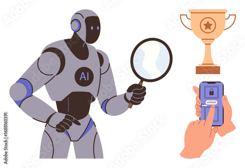 AI robot using magnifying glass, trophy representing achievement, hand unlocking smartphone. Ideal for technology, AI, innovation, progress, analysis security achievements. A simple flat metaphor