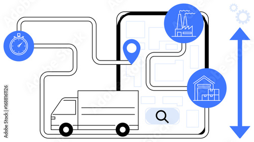 Delivery truck, factory, warehouse icons connected via map route with stopwatch and search tool. Ideal for logistics, transportation, supply chain, efficiency, delivery planning, e-commerce simple