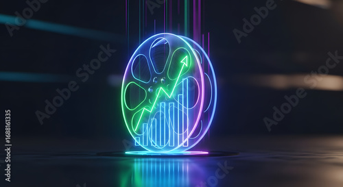 Vibrant Neon Film Reel with Upward Trend Graph - Digital Media Growth, Entertainment Industry Performance & Success Analytics Concept