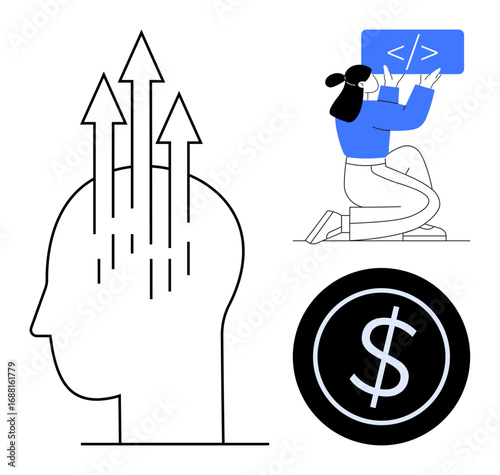 Head with arrows symbolizing growth, woman writing code on a board, dollar sign in circle. Ideal for innovation, education, technology, programming, finance, creativity simple landing page