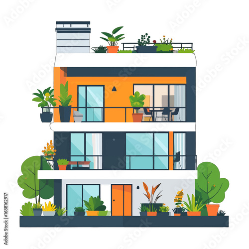 Modern Three Story Building with Balconies and Greenery on a Sunny Day Pixelated Design