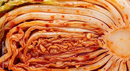 A detailed close-up cross-section of spicy Korean kimchi, showing the intricate layers of fermented napa cabbage.