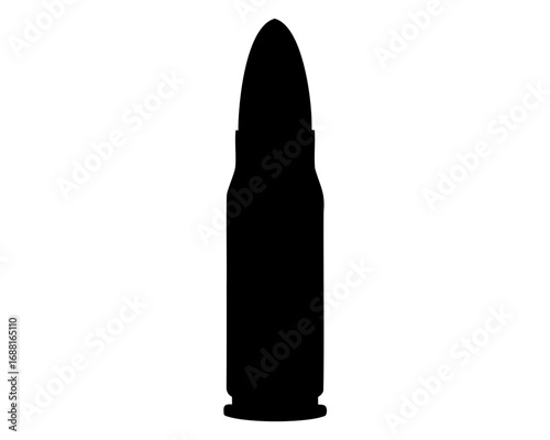 A full silhouette image of a rifle bullet against a white background