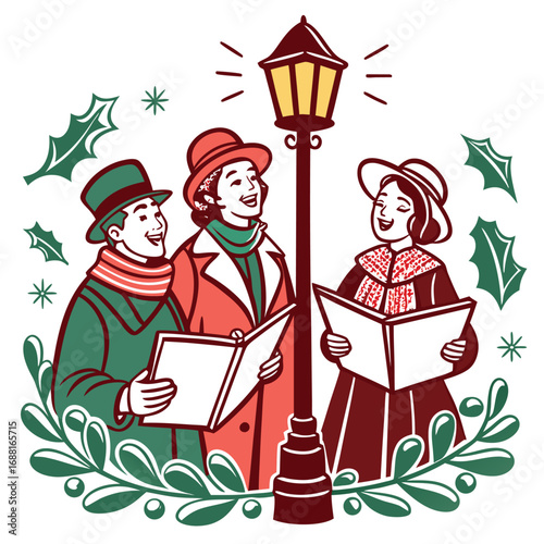 Three Carolers Singing Joyfully Under a Street Lamp Surrounded by Holly Branches Keywords: christmas, caroling, singing, carolers, holiday, festive, music, song, joy, happy, celebration, winter