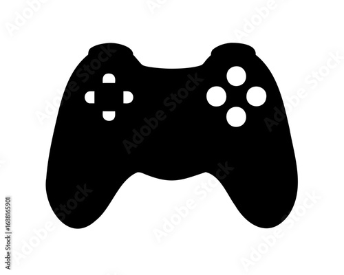 A minimalist black silhouette of a classic game controller on white background