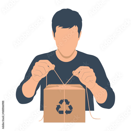Person Tying String Around Cardboard Box With Recycle Symbol In Neutral Background Isolated