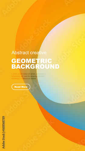 Abstract geometric background features vibrant orange, yellow, blue gradients. Text overlay includes sample content, button. Modern design.