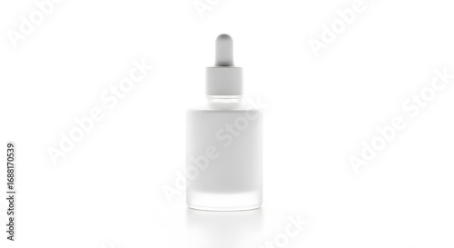 Minimalist mockup of a white frosted glass dropper bottle for skincare serum, isolated on a white background.