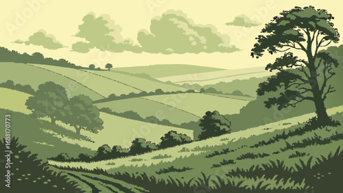 Green landscape scenery vector illustration of rolling hills and countryside scenic view drawing artwork