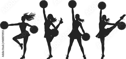 Cheerleader silhouettes performing with pom-poms, energetic dance poses, team spirit illustration, cheerleading vector art, flat black silhouette design.