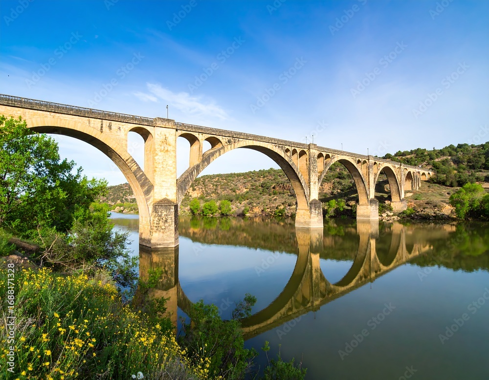 Fototapeta premium Stone arch bridge over calm river