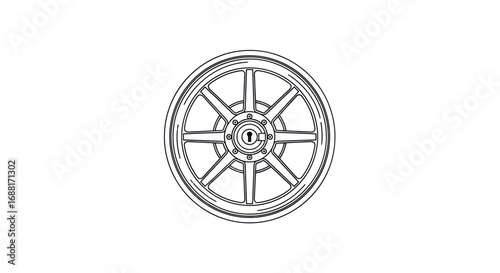 Detailed Line Art Drawing of a Spoked Vehicle Wheel Rim.