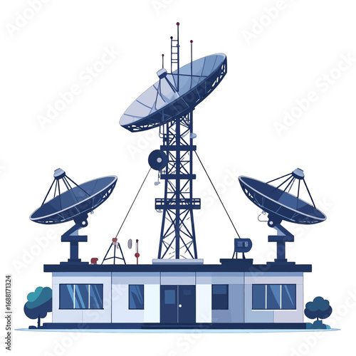 Pixel Art Illustration of a Radio Station Building with Satellite Dishes and Antenna Tower in Blue White Palette