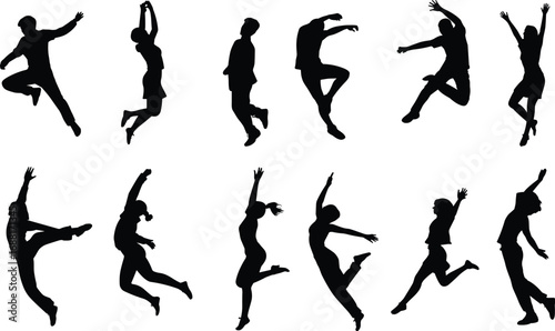 Silhouette dancers jumping and posing, energetic dance moves, male and female dancers, performing arts, active lifestyle, vector illustration, flat design, black shapes.