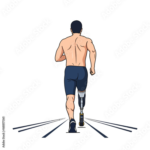 Pixel Art Illustration of a Back View of a Male Athlete with a Prosthetic Leg Running on a Gray Track on a White Background