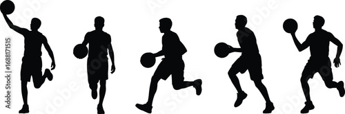 Silhouette basketball players vector illustration, athletes dribbling, jumping, running, holding ball, action poses, flat sports design, editable artwork.