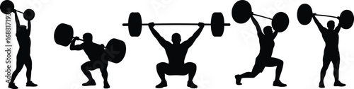 Silhouettes of weightlifters performing squats, clean and jerk, and overhead lifts, strength training, powerlifting, gym workout, fitness exercise, muscle building, flat vector illustration