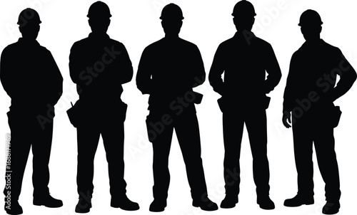 Silhouettes of five construction workers standing, wearing safety helmets, protective gear, teamwork concept, industry workers, labor force, vector illustration.