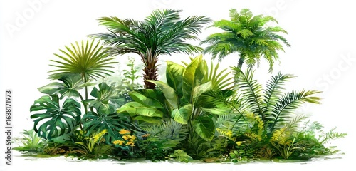 Lush tropical foliage with various palm trees and monstera plants