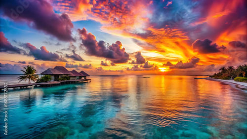 Fototapeta Naklejka Na Ścianę i Meble -  Colorful sunset over ocean horizon on maldives island tropical seascape