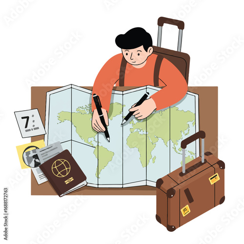 Flat 2D vector of a traveler planning a trip, holding a pen, examining a map on a table with a passport and suitcase, simplified style on a white background.