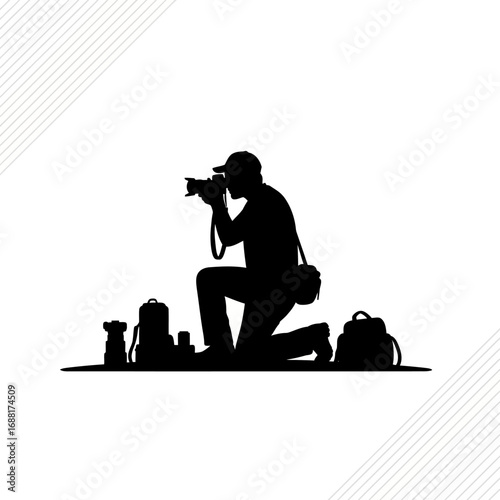 Dedicated photographer capturing moments, kneeling with professional camera gear, showcasing passion and artistic pursuit