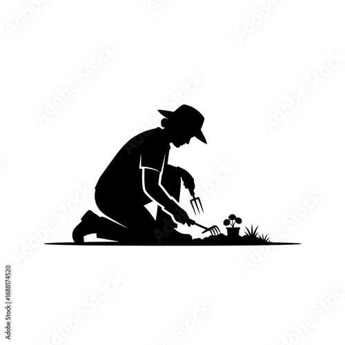 Dedicated gardener in a hat kneels tending to vibrant flowers and plants with precision tools, symbolizing growth and outdoor passion.