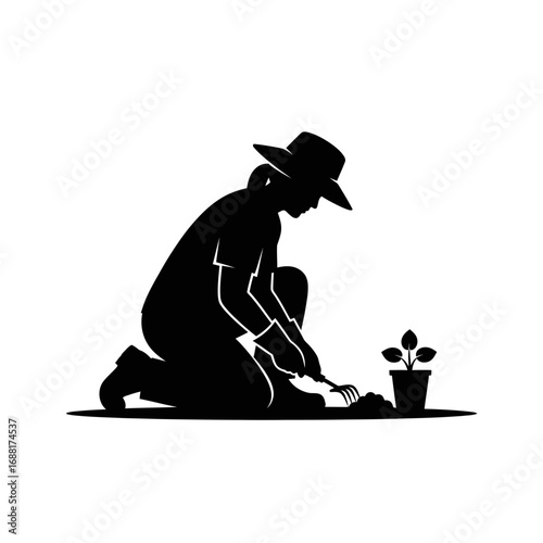 Dedicated gardener in hat and gloves carefully tending a young plant in a pot with a small rake, symbolizing growth and nurturing nature's beauty.