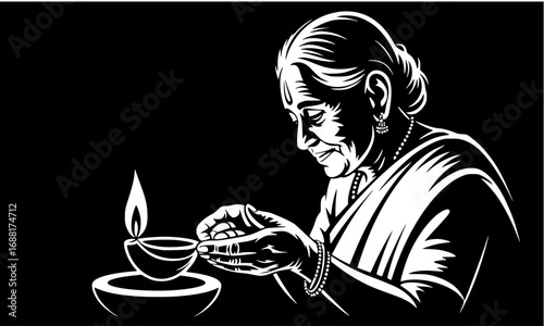 “Elder Grandmother Lighting Diya Lamp Hands – Indian Culture Religious Silhouette Vector”