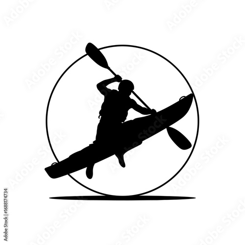 Dynamic kayaker silhouette mastering powerful strokes within a circular emblem, capturing adventure and water sports excitement