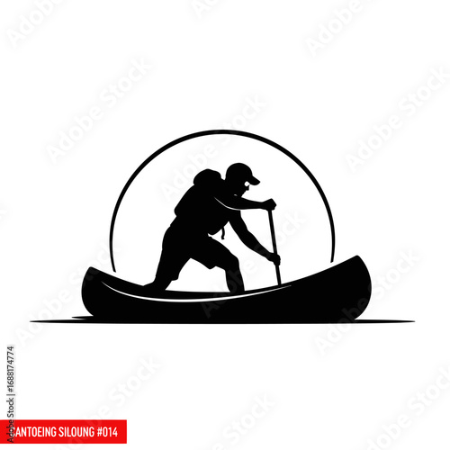 Dynamic silhouette of a determined person paddling a canoe, embodying adventure and outdoor exploration under a bold circular emblem