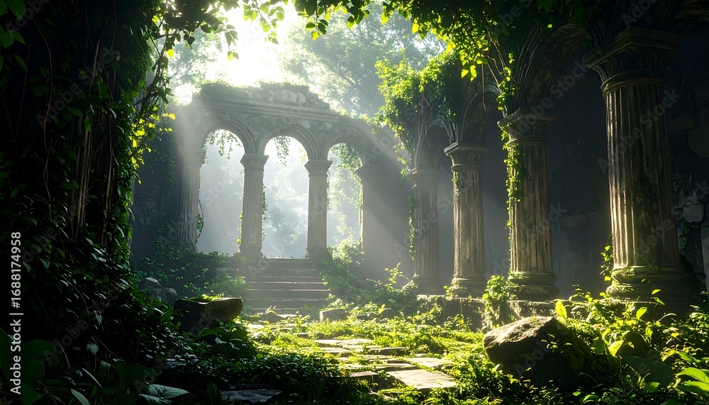 Obraz premium Exploring Ancient Stone Ruins Overgrown with Lush Greenery in Forest