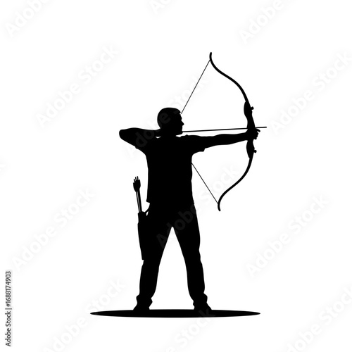 Focused archer drawing bow aiming with precision, silhouette captures intense concentration and athletic prowess for sporting themes
