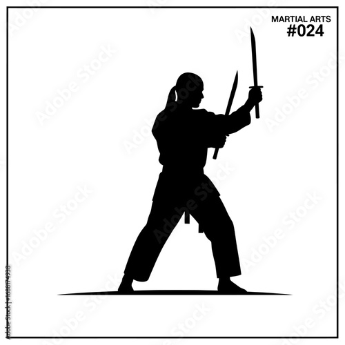 Dynamic silhouette of a skilled martial artist wielding two swords in a powerful combat stance, embodying discipline and strength.